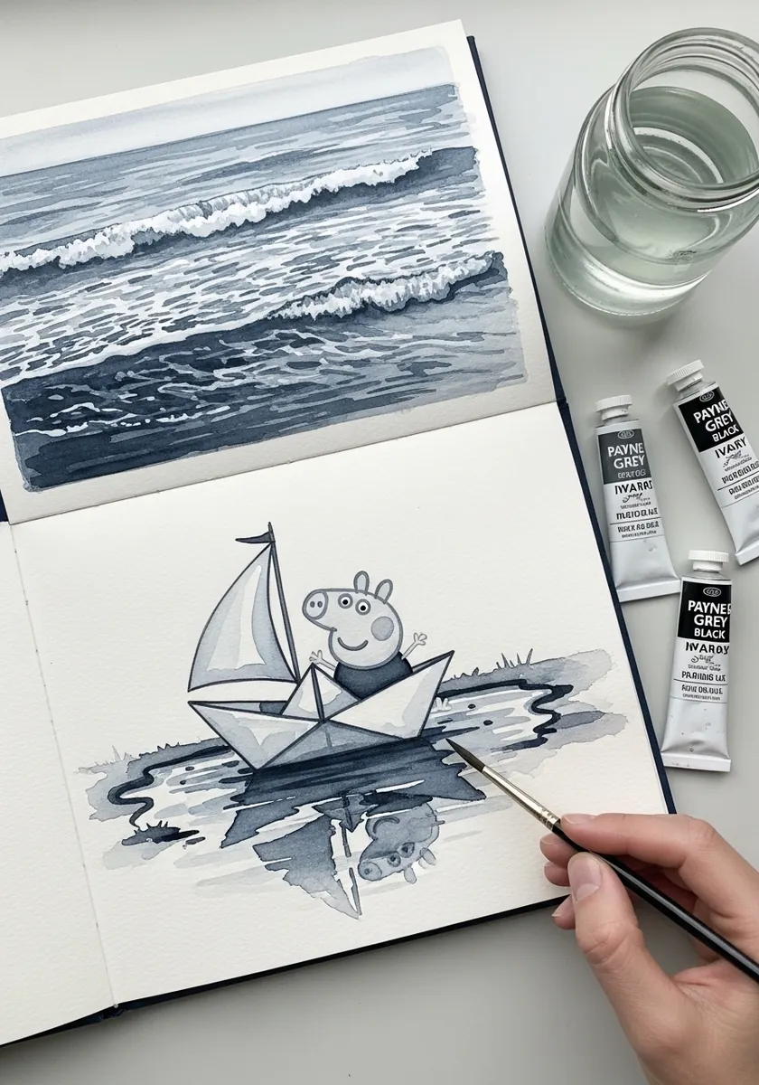 Monochrome ink drawing of Peppa Pig sailing in a paper boat on choppy water