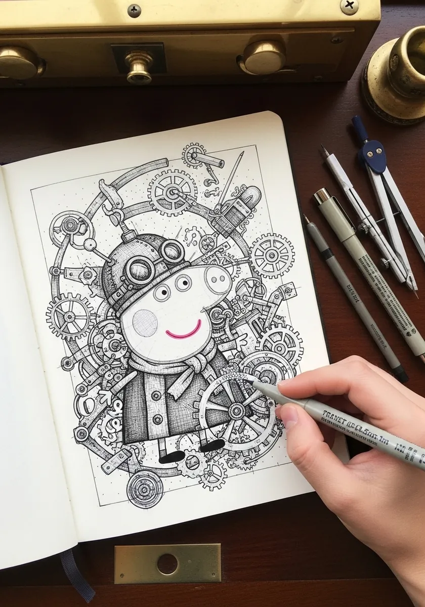 Detailed fine ink Peppa Pig in steampunk goggles surrounded by cogs and gears