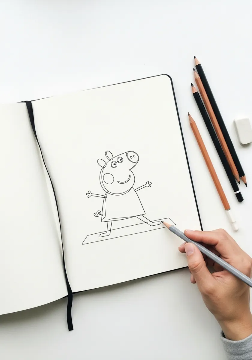 Very simple pencil line drawing of Peppa Pig standing with arms outstretched