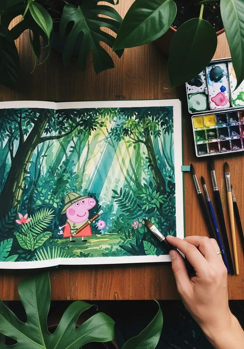 Lush gouache rainforest scene with Peppa Pig among large green leaves