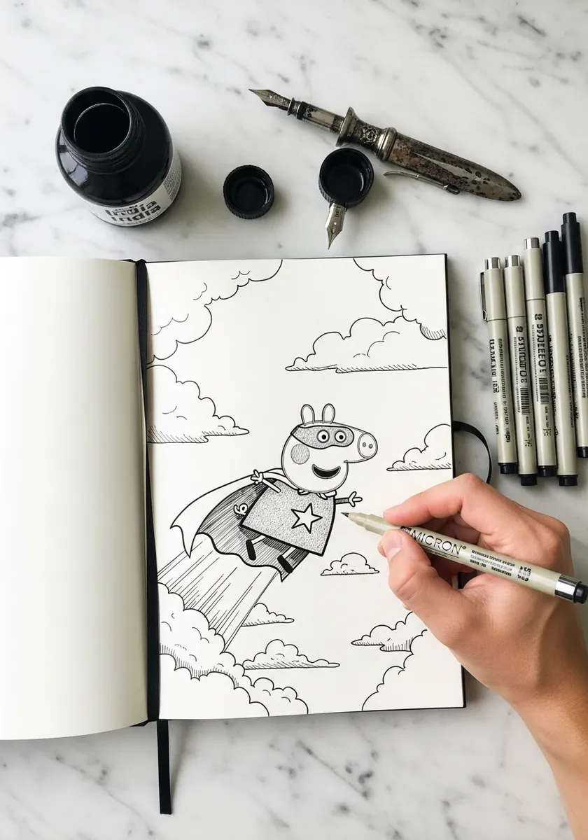 Fine ink line drawing of Peppa Pig as a superhero flying through clouds