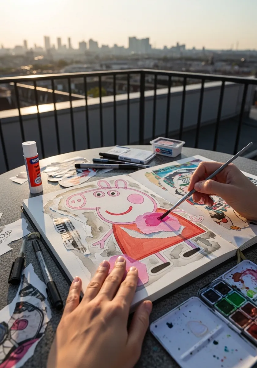 Mixed media Peppa Pig collage with painted and cut paper elements on a rooftop