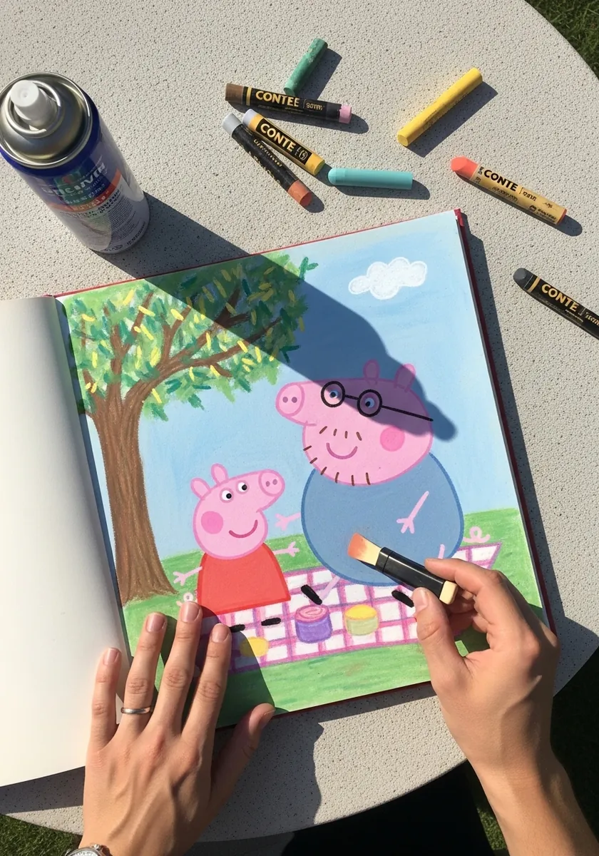 Gouache Peppa Pig and an older character having a picnic under a tree