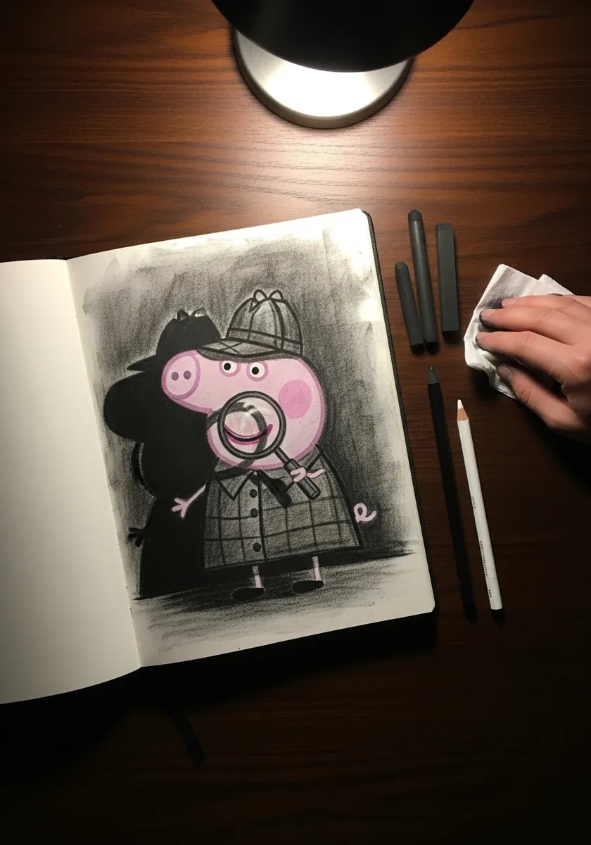 Charcoal Peppa Pig in a deerstalker hat holding a magnifying glass on dark paper