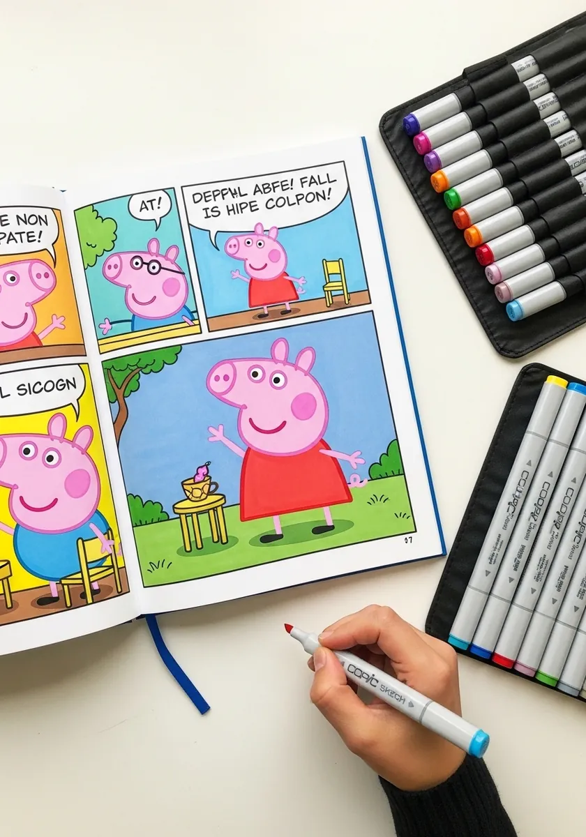 Marker drawn comic strip panels of Peppa Pig with speech bubbles and captions