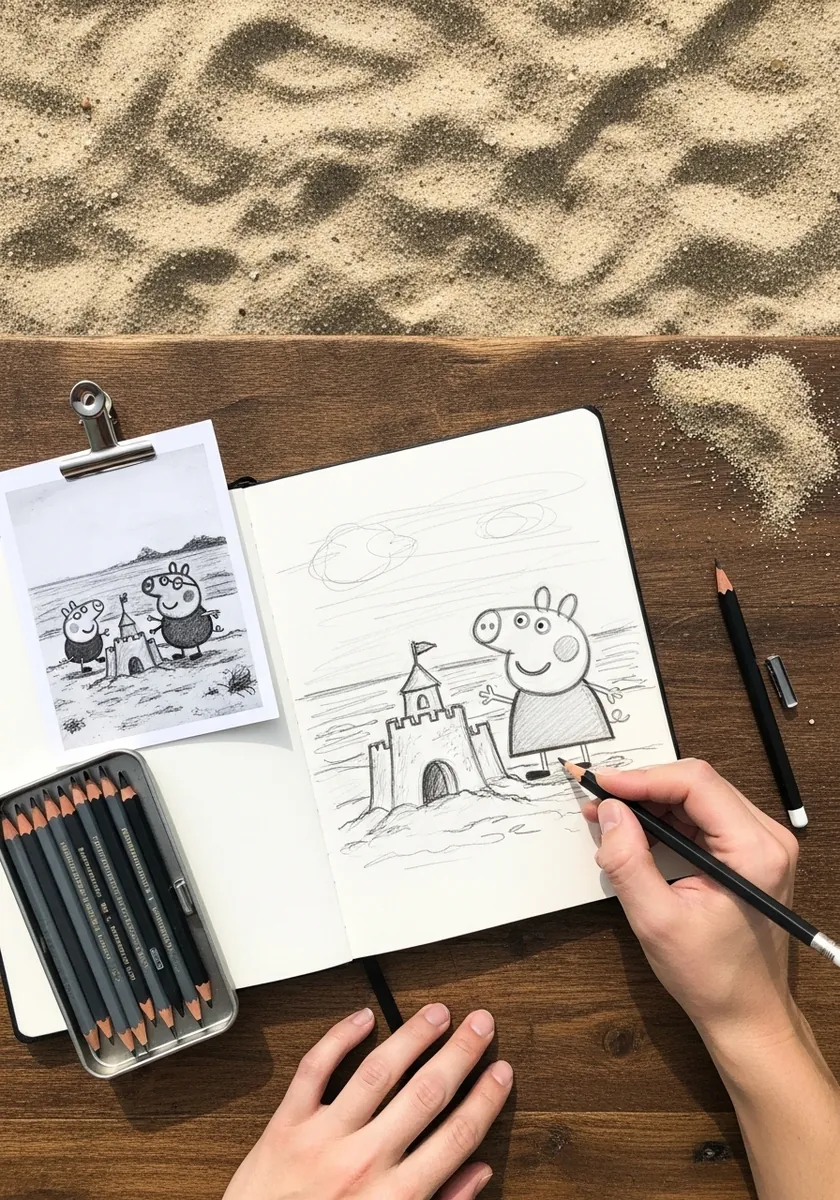 Pencil drawing of Peppa Pig building a sandcastle on a beach with a bucket