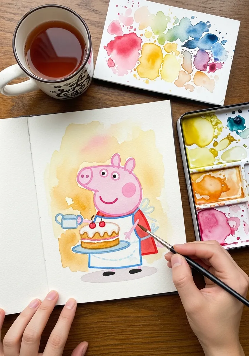 Loose watercolor Peppa Pig holding a birthday cake with a teacup nearby