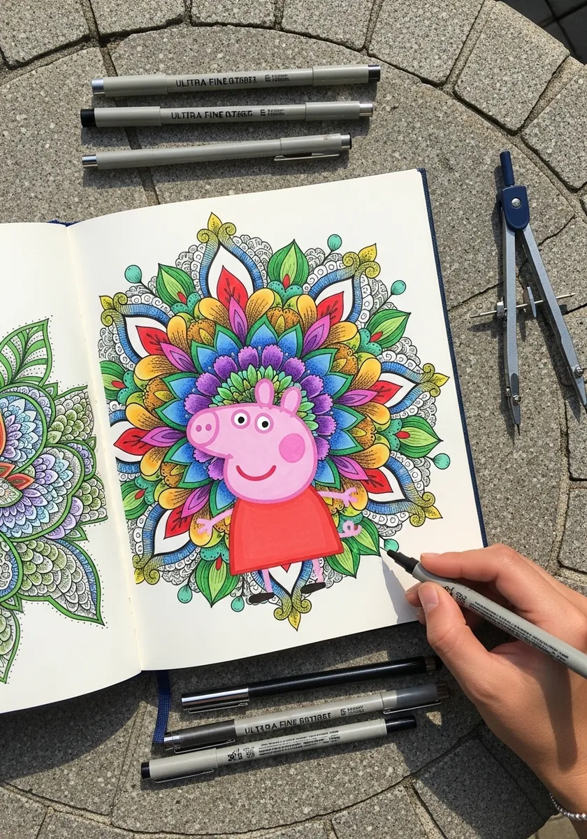 Peppa Pig head surrounded by a colorful mandala of leaves and petals