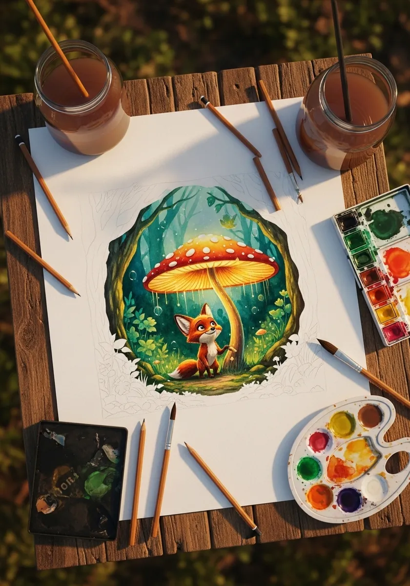 Watercolor fox beside a glowing red mushroom inside a circular forest frame