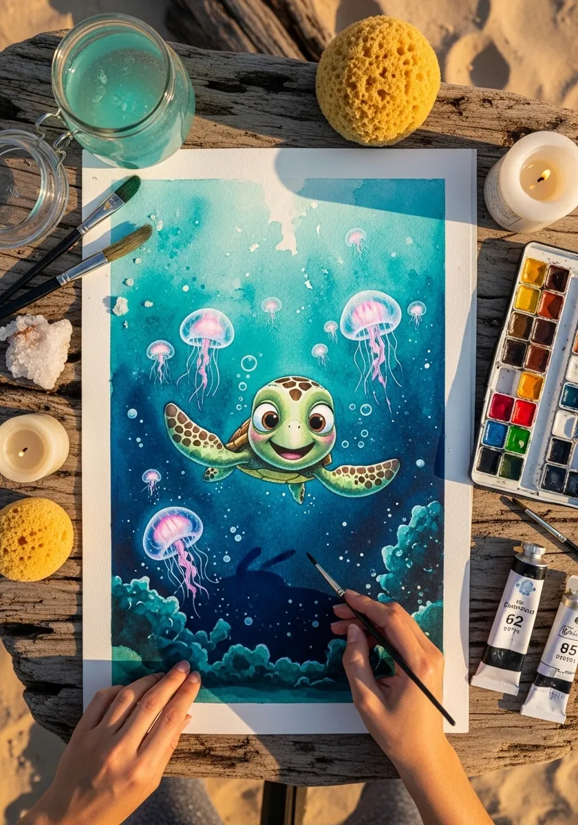 Teal underwater scene with a smiling sea turtle swimming among glowing jellyfish