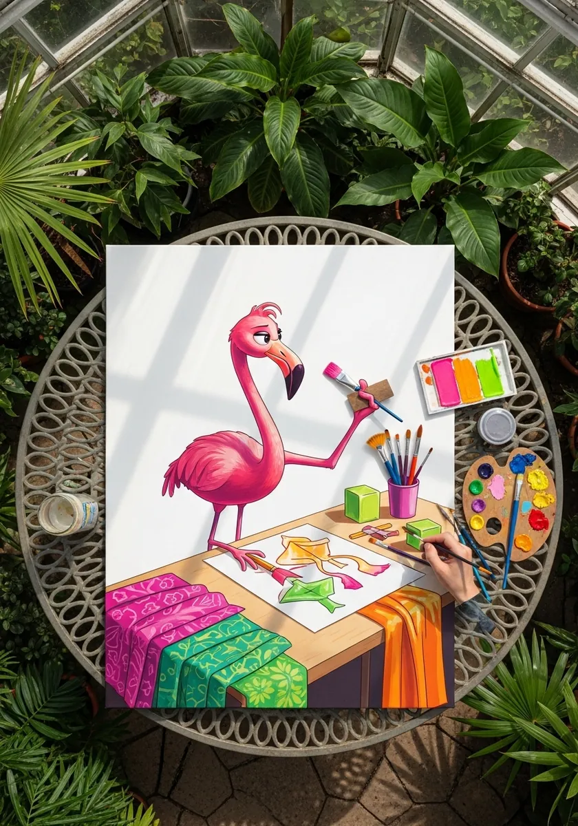 Pink flamingo character painting at an easel surrounded by colorful art supplies