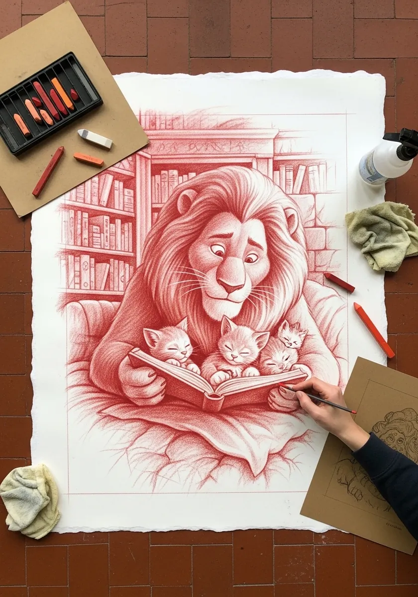 Warm red conte drawing of a lion reading a book to two small cubs