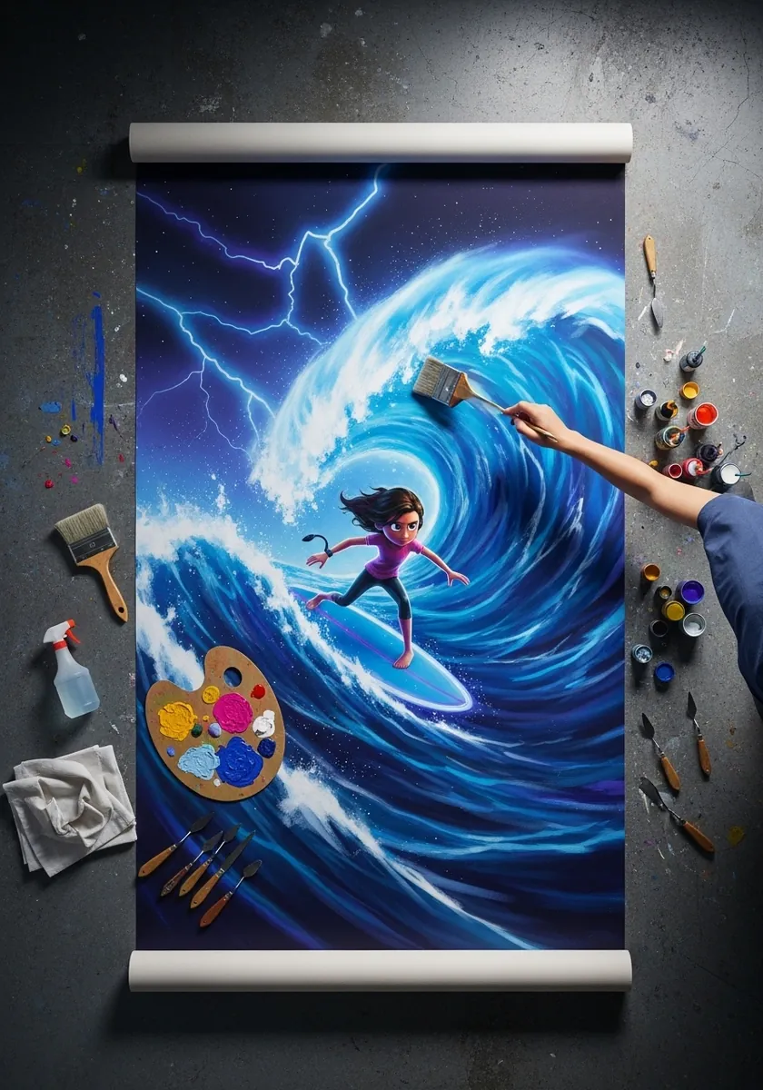 Dramatic blue scene of a girl surfing down the face of an enormous wave