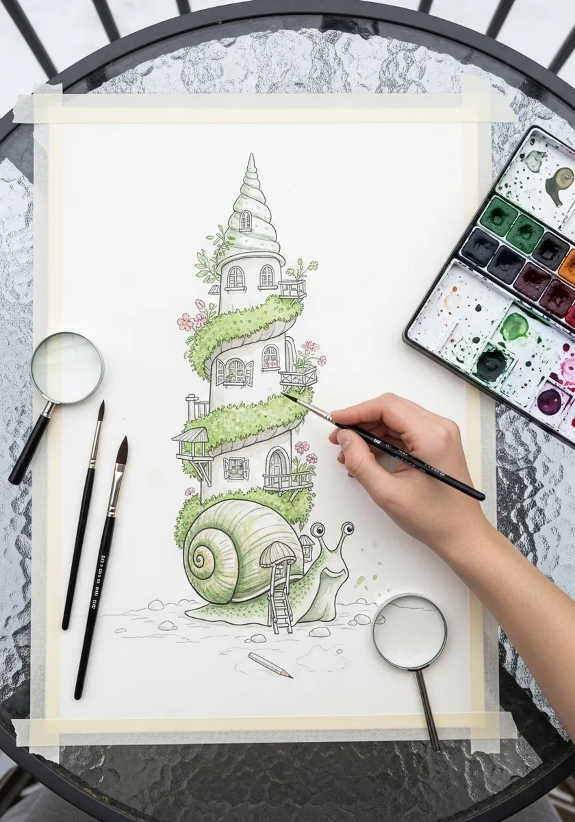Fine line drawing of a snail carrying an ornate pagoda shaped shell on its back