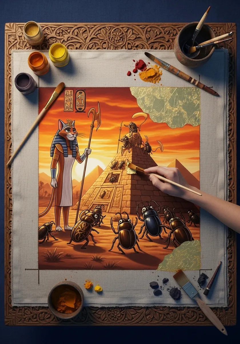 Illustrated Egyptian scene with a cat pharaoh and beetle characters near pyramids