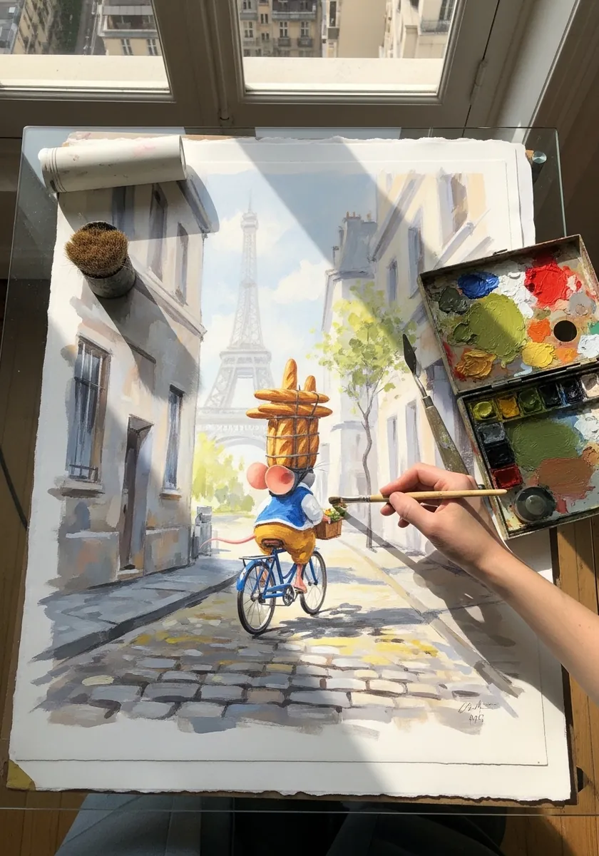 Loose watercolor giraffe riding a bicycle down a Paris street near the Eiffel Tower