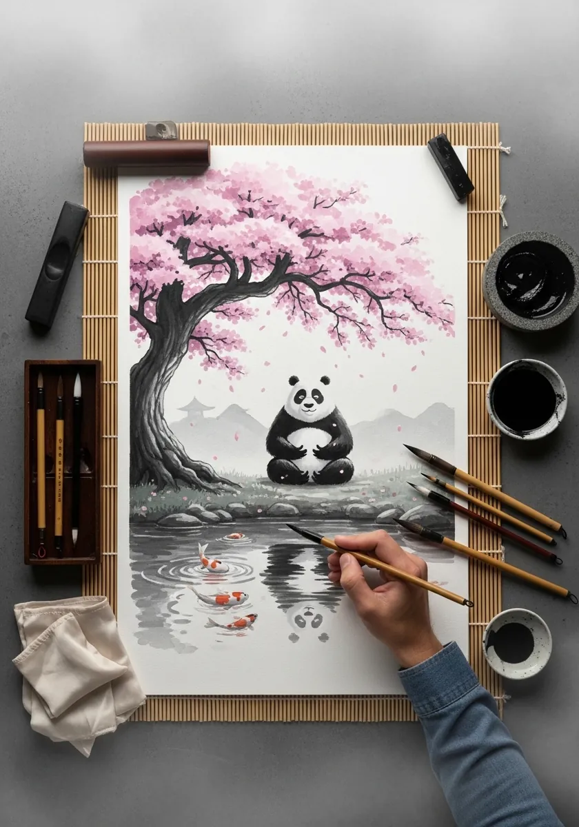Ink and pink wash panda sitting beneath a blossom tree beside still water