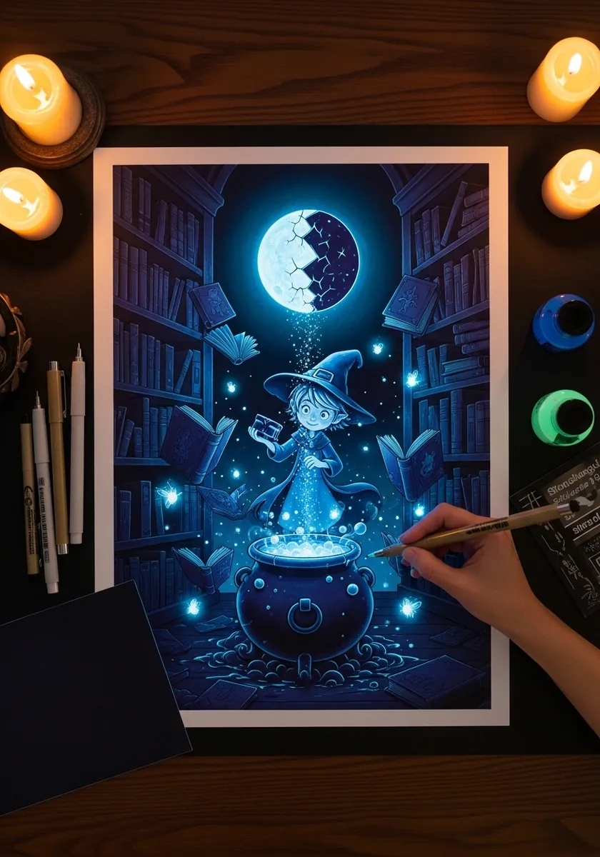 Deep blue library scene lit by a glowing magical potion on a central table