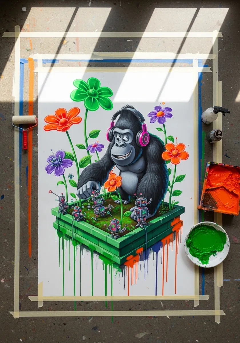 Gorilla character wearing headphones sitting in a box of bright flowers