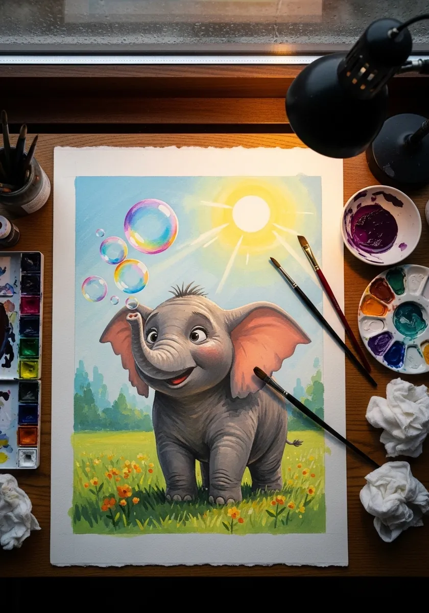 Cheerful baby elephant in a sunny meadow surrounded by floating soap bubbles
