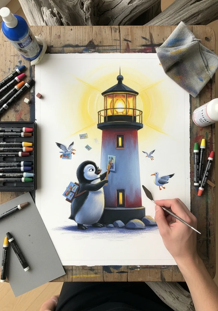 Penguin character painting a striped lighthouse with seagulls circling above