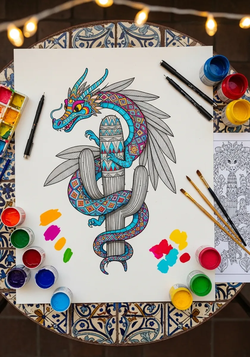 Colorful dragon wrapped around a tall stone column with detailed scales