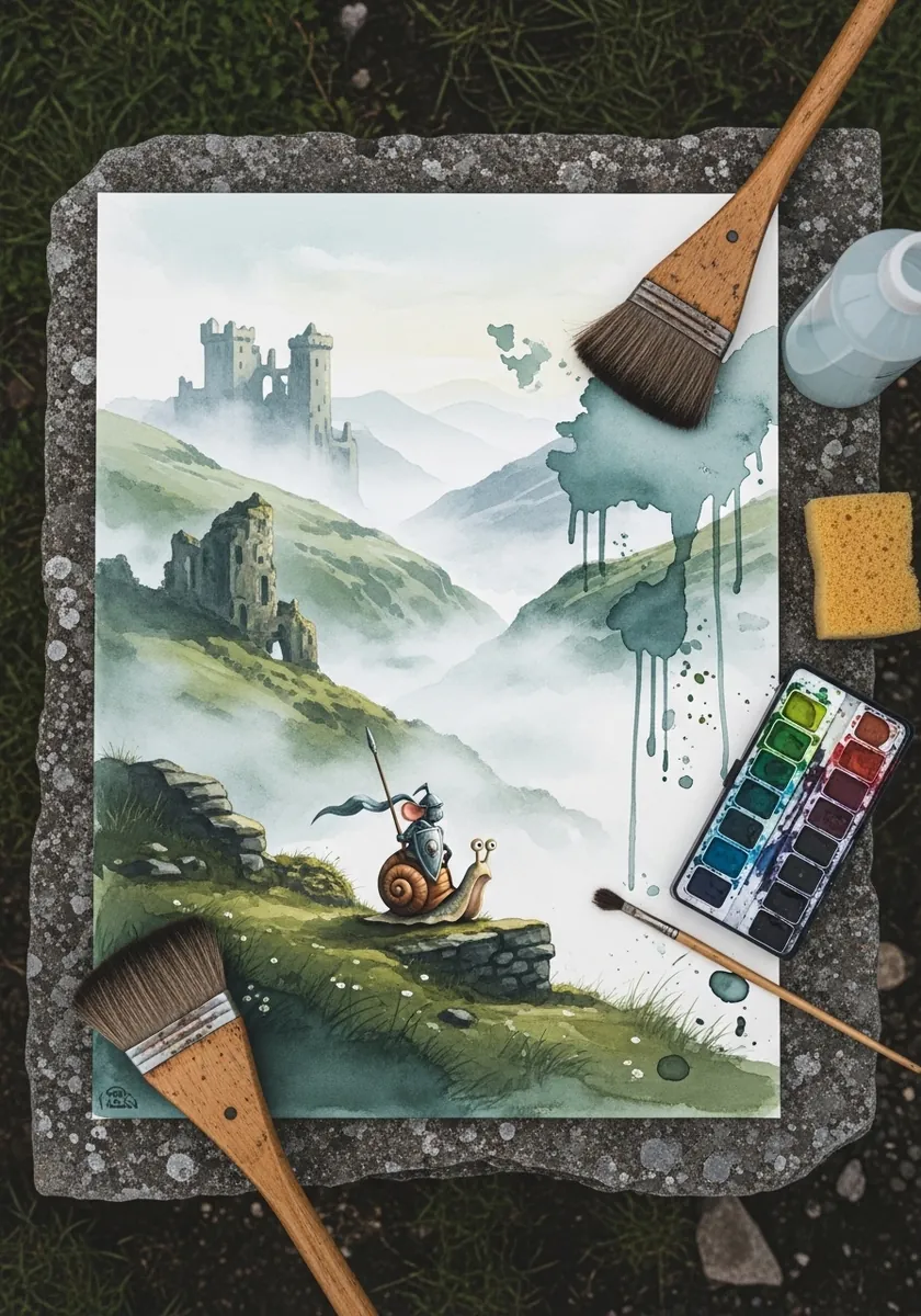 Misty green highland landscape with a tiny knight riding a snail along a ridge