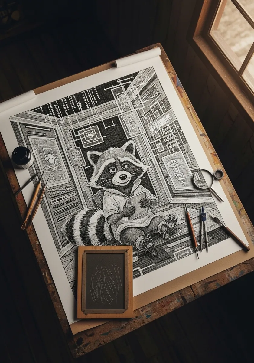 Pencil drawing of a raccoon character surrounded by a highly detailed workshop