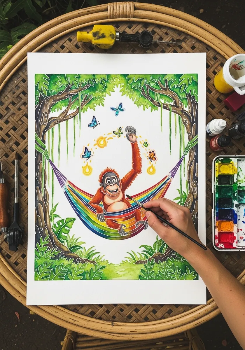 Orangutan relaxing in a colorful hammock strung between jungle trees