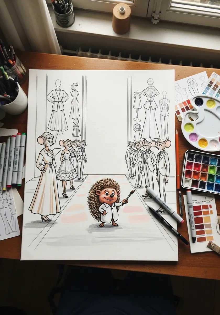 Illustration of a hedgehog character walking a fashion runway past a crowd