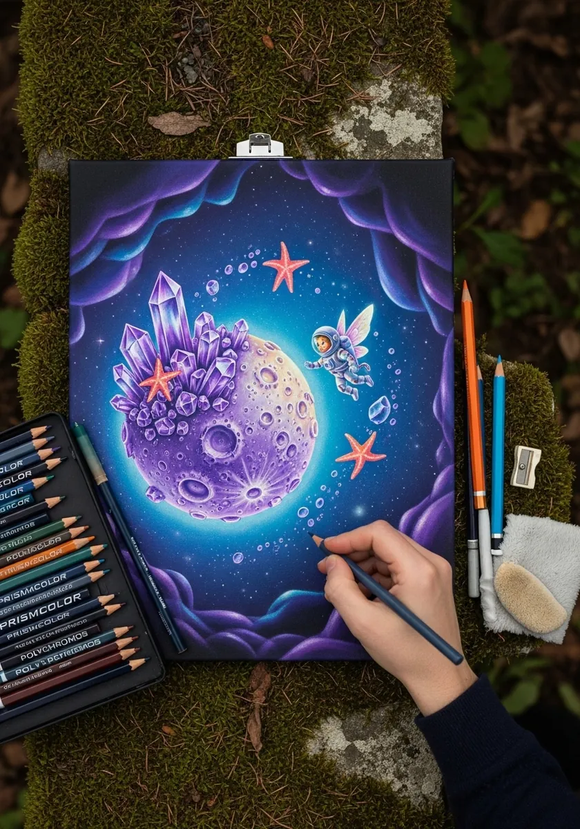 Purple and blue scene of a small fairy sitting on a glowing crystal moon