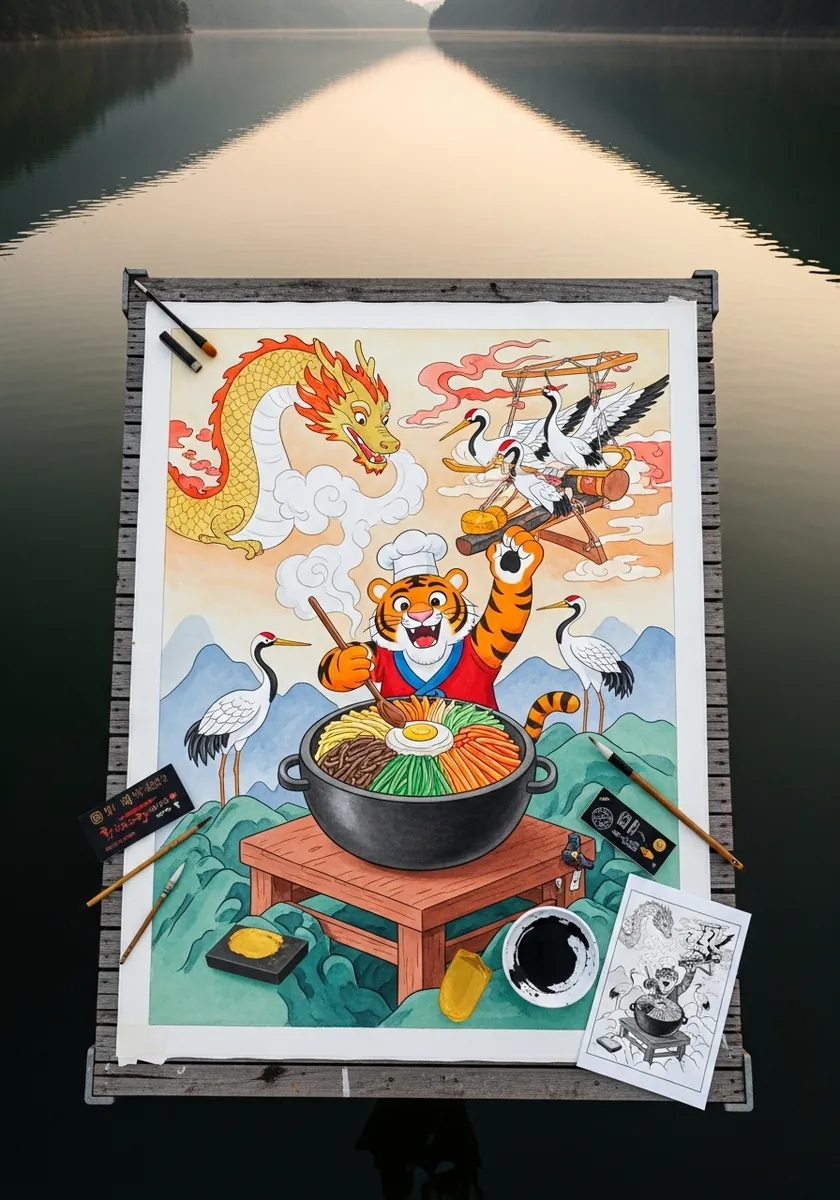 Colorful scene of a tiger chef cooking with a dragon and a crane nearby