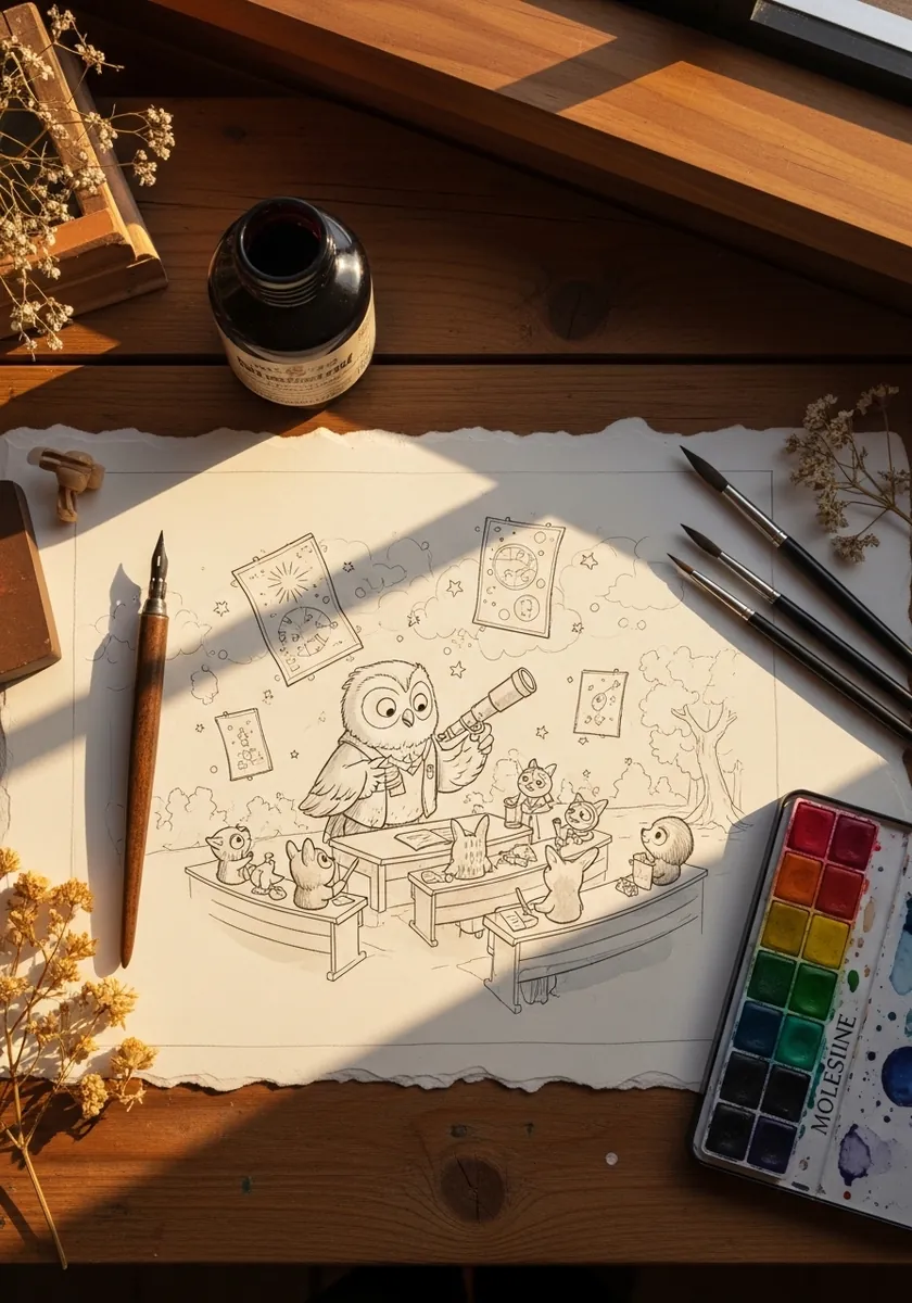 Light pencil drawing of an owl character rowing a small boat with companions
