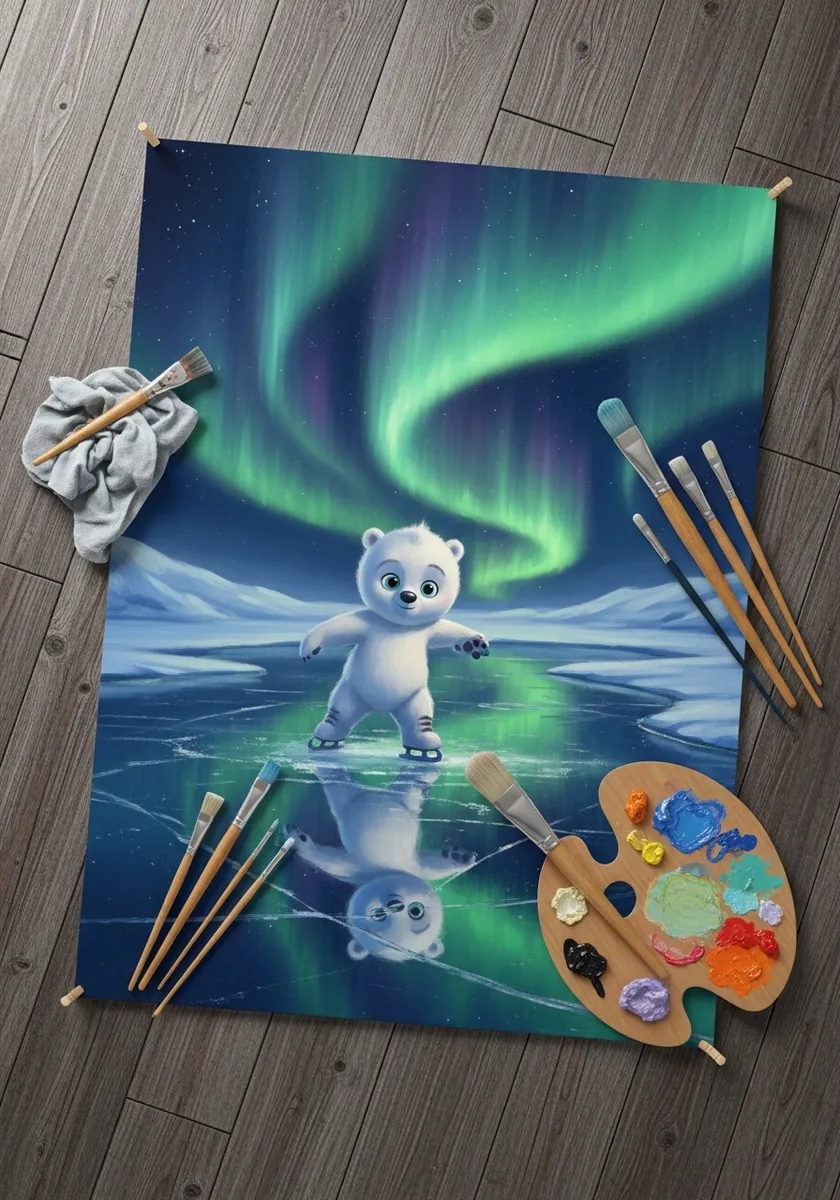 Polar bear cub standing on ice beneath a green and blue aurora with reflection