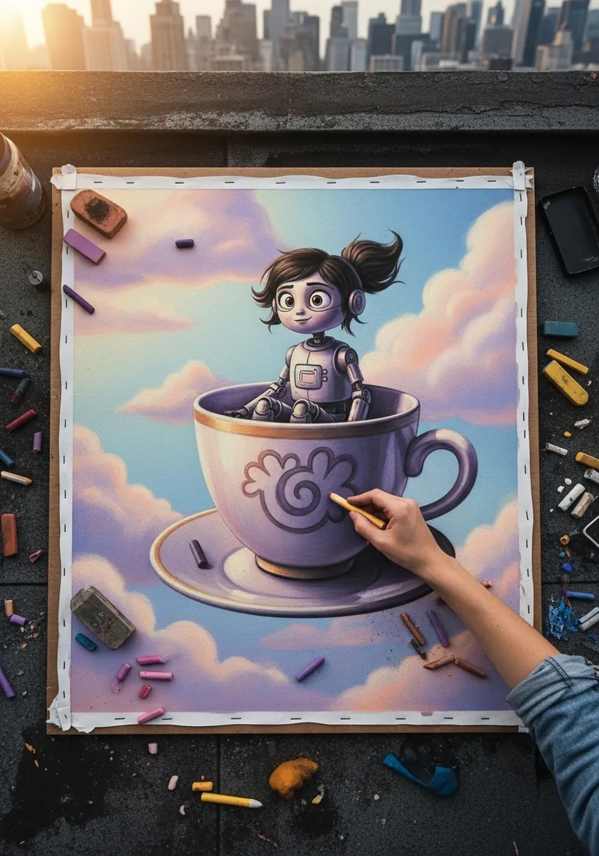 Girl and a small companion riding a giant teacup through pink and purple clouds