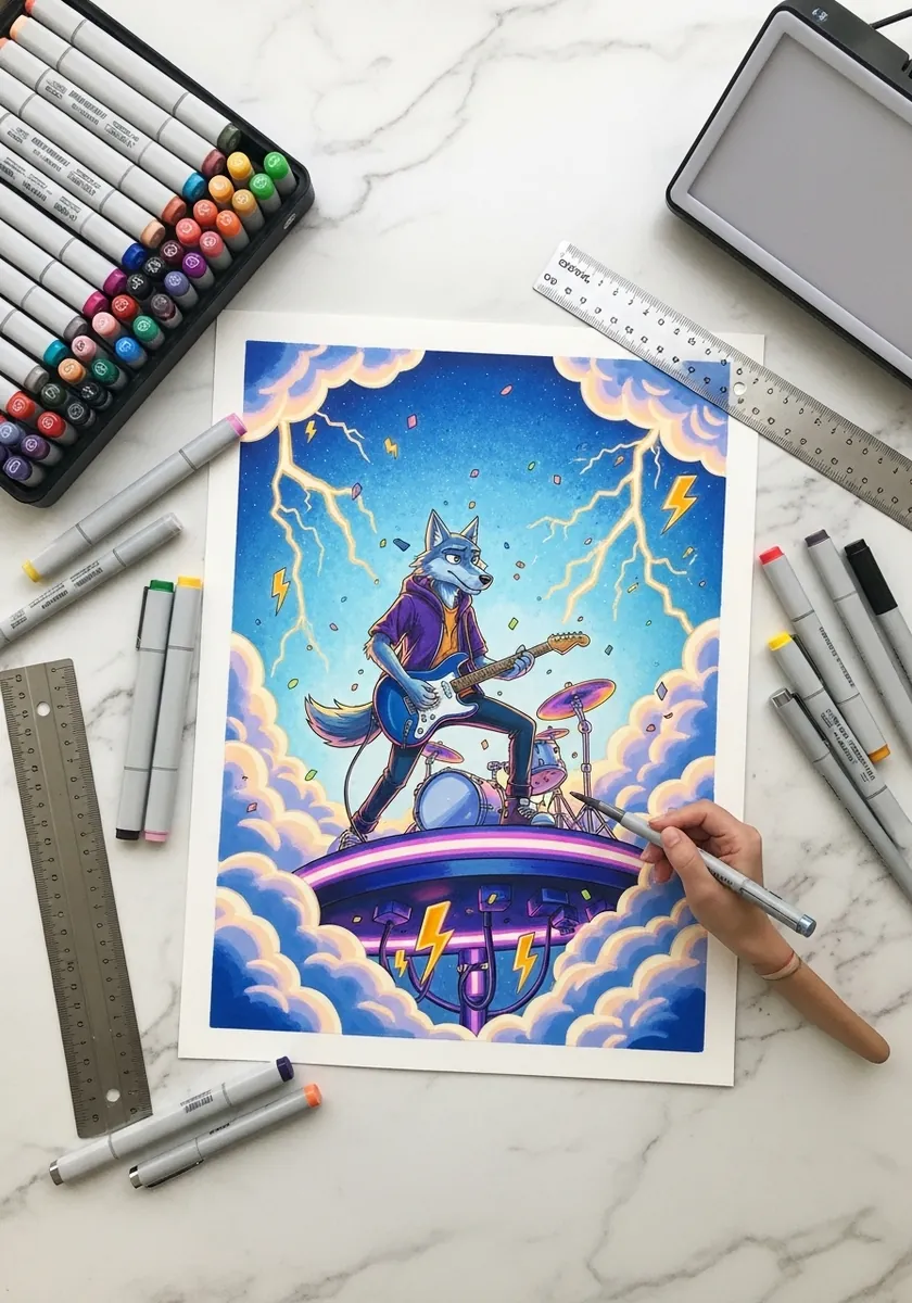 Wolf character playing guitar on a flying saucer amid clouds and lightning