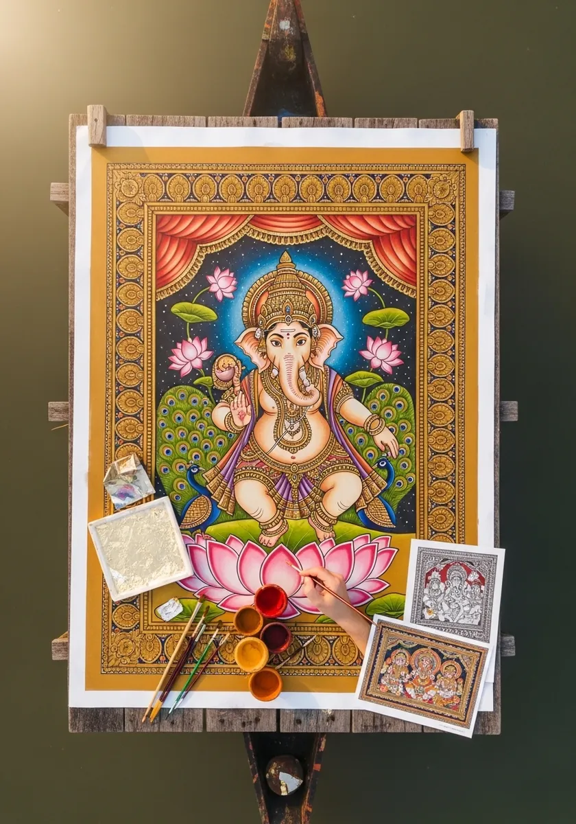 Richly decorated framed illustration of a seated figure on a lotus with a border