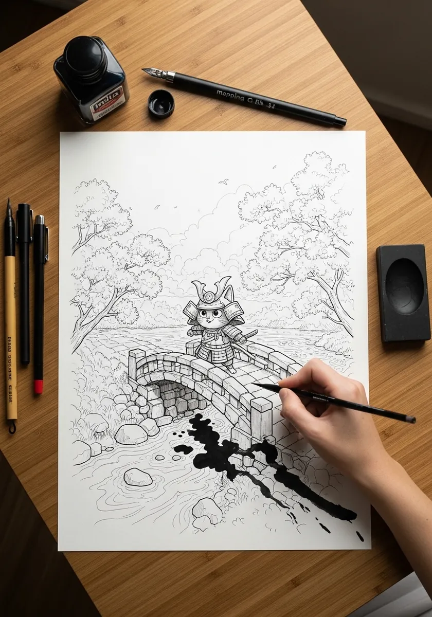 Light pencil drawing of a small character crossing a stone bridge over water