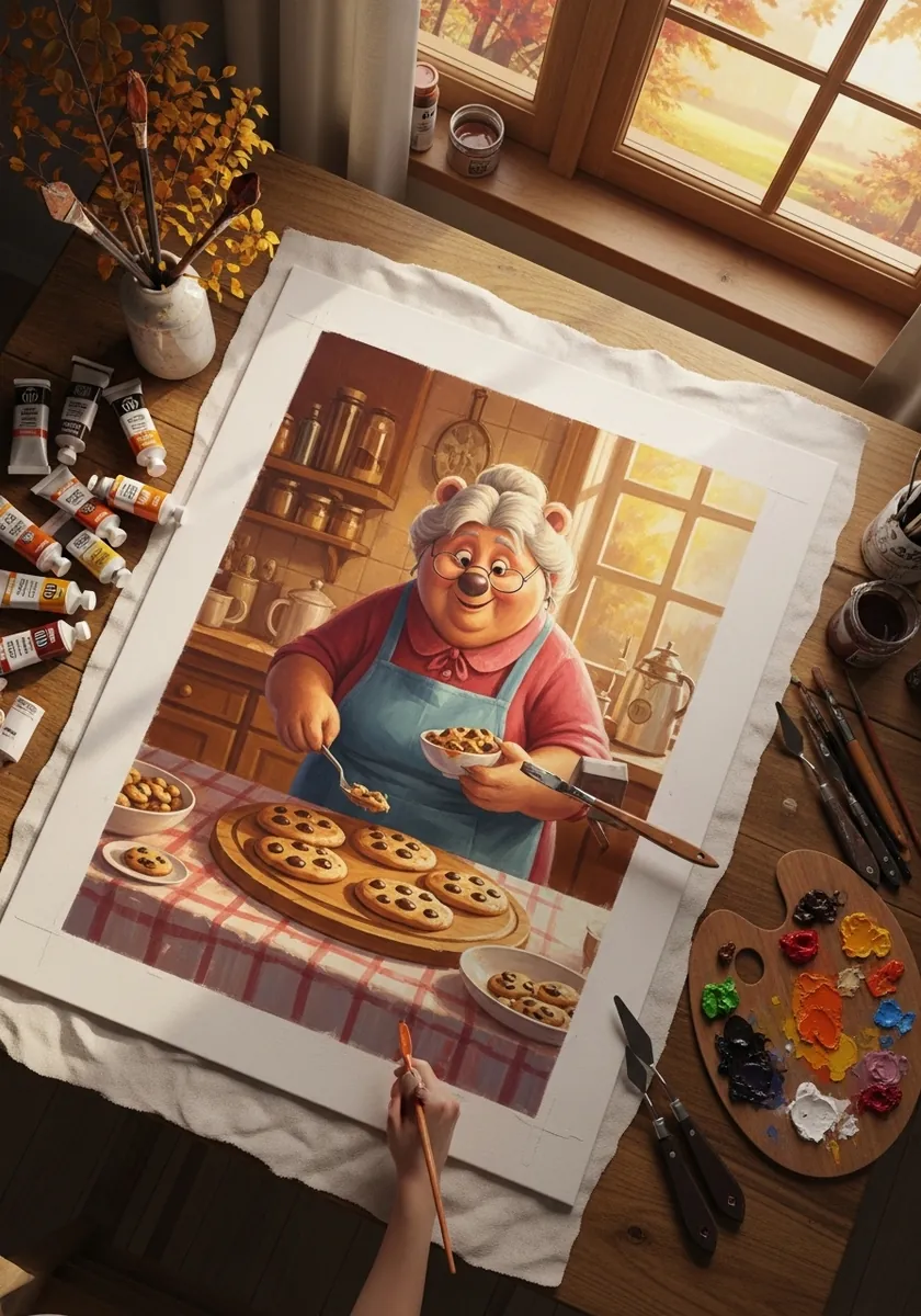 Warm kitchen scene with an older character baking a tray of cookies at a table