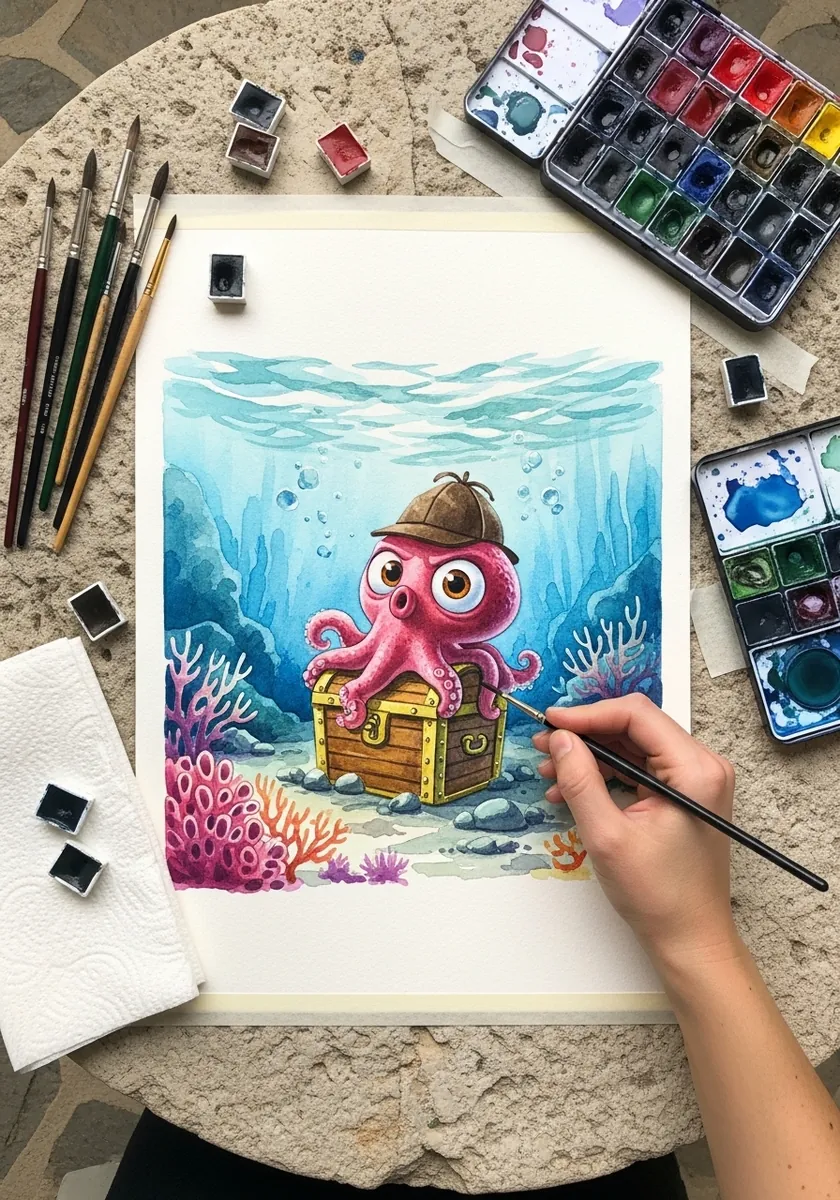 Underwater scene of an octopus in a pirate hat beside an open treasure chest