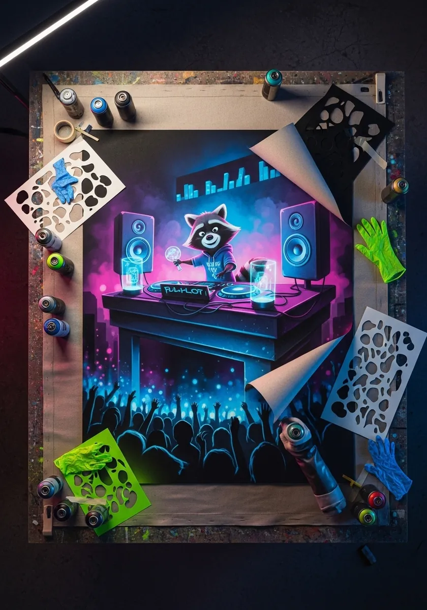 Neon lit nightclub scene with a dog character performing behind DJ decks