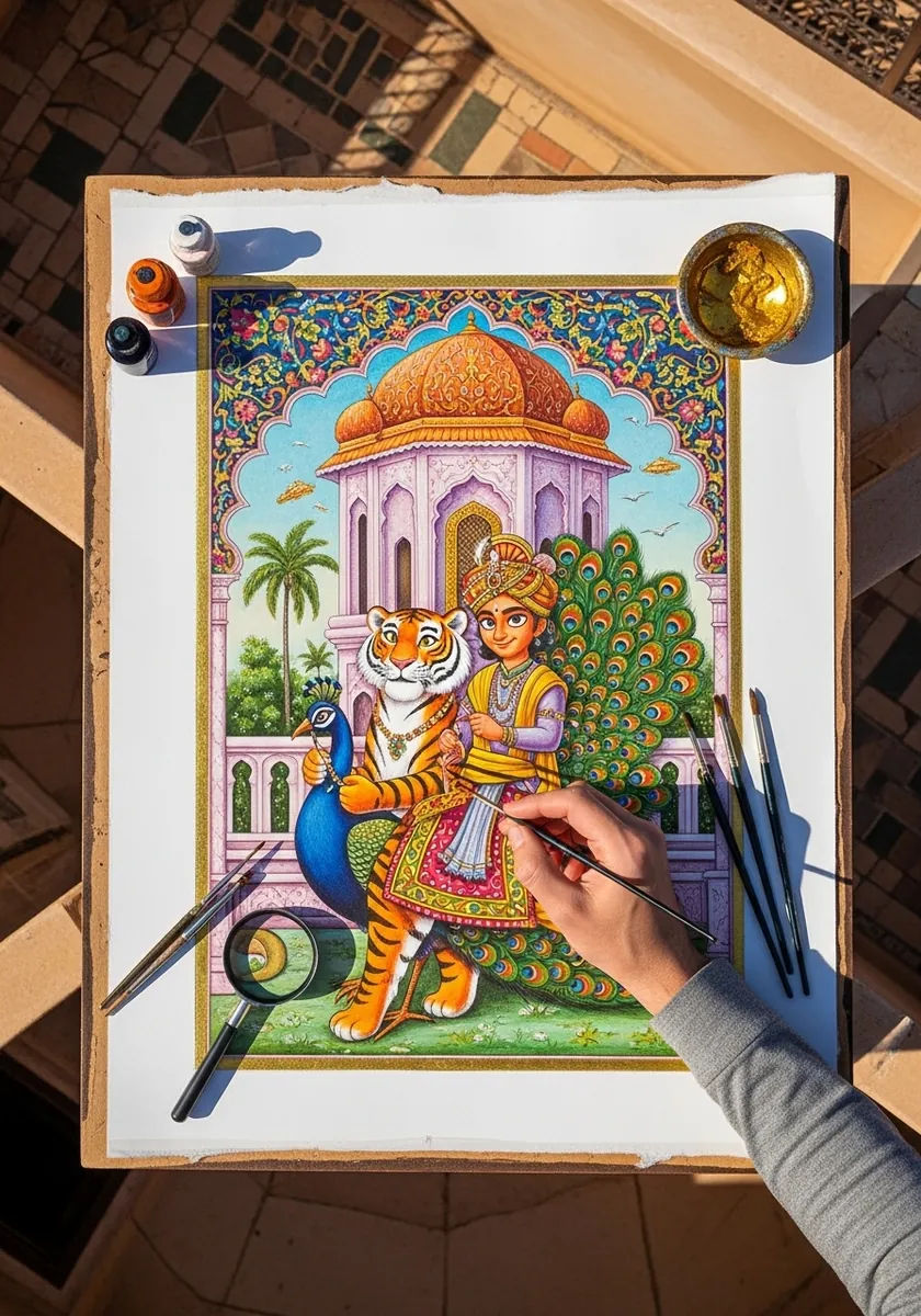 Ornate framed illustration of a girl riding a tiger past a domed palace
