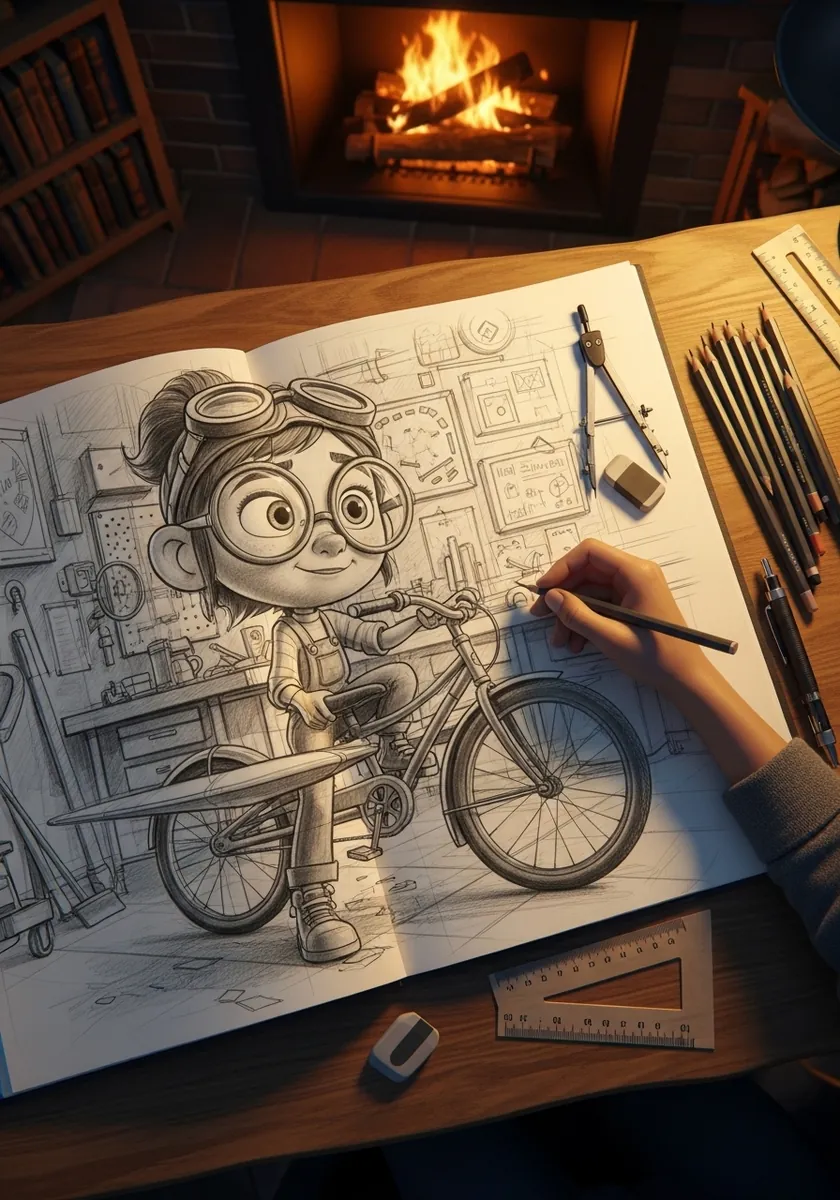 Detailed pencil drawing of a young inventor with goggles beside a bicycle