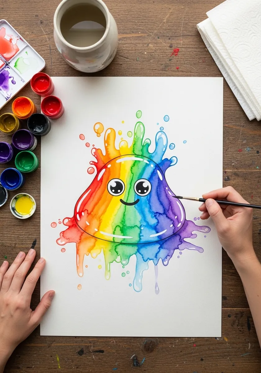 Watercolor rainbow slime with large round eyes and splattered paint around it