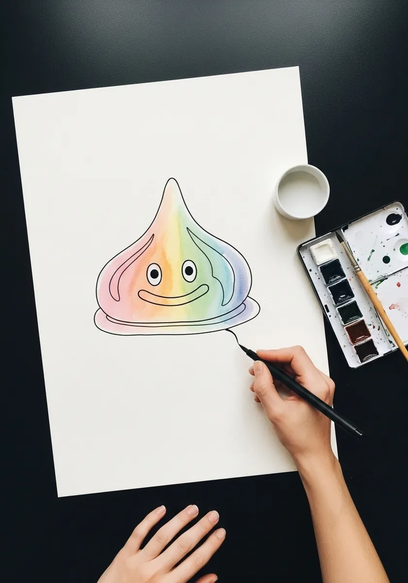 Very light minimal slime drawing with faint rainbow tints on white paper