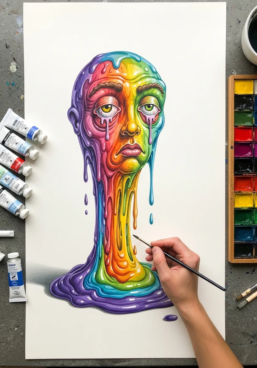 Surreal rainbow face melting downward into long colorful drips on white paper