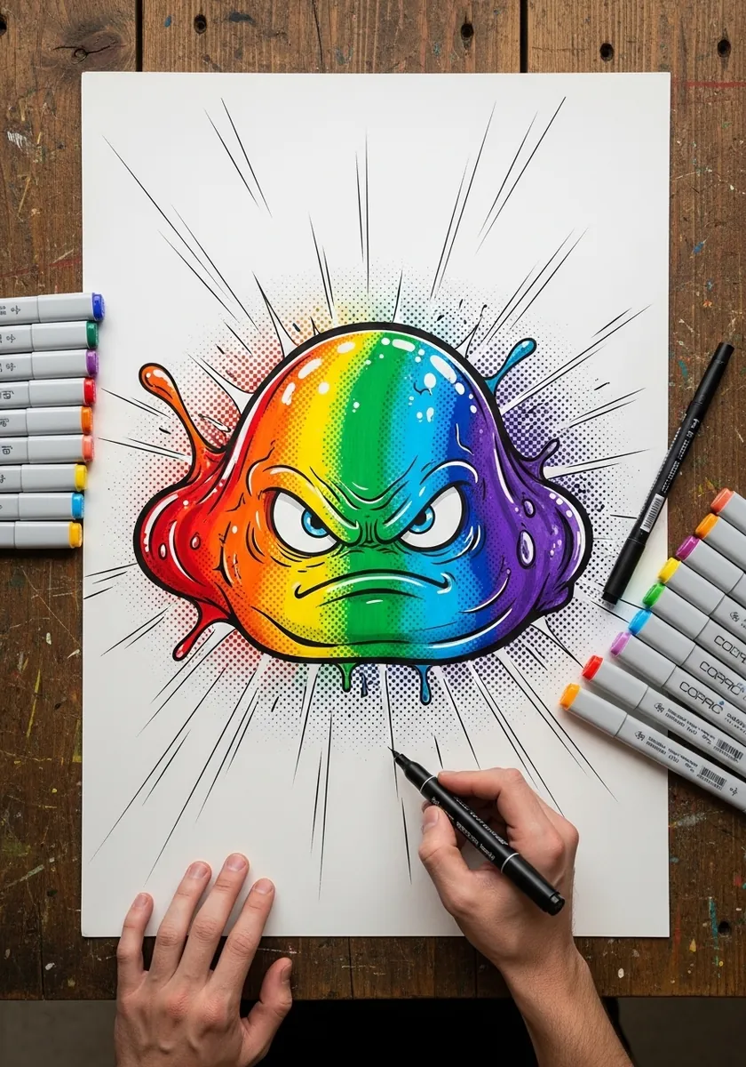Rainbow slime with an angry expression surrounded by radiating black speed lines