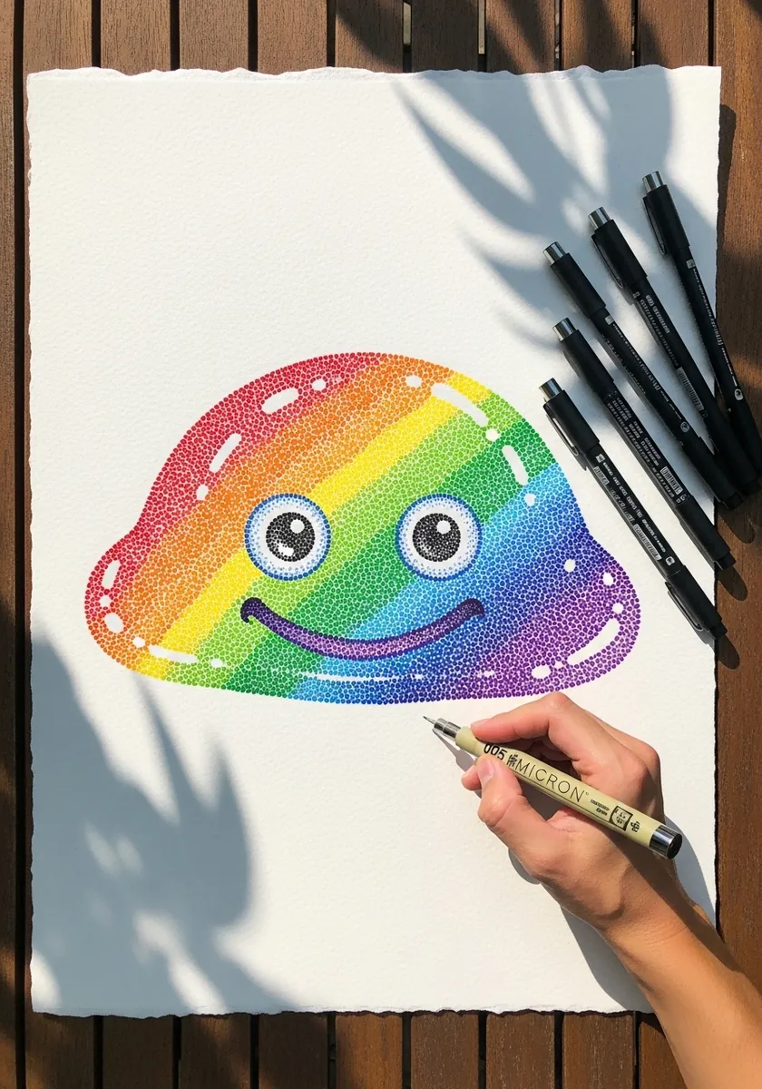Pastel colored slime built entirely from tiny stippled dots with white eyes
