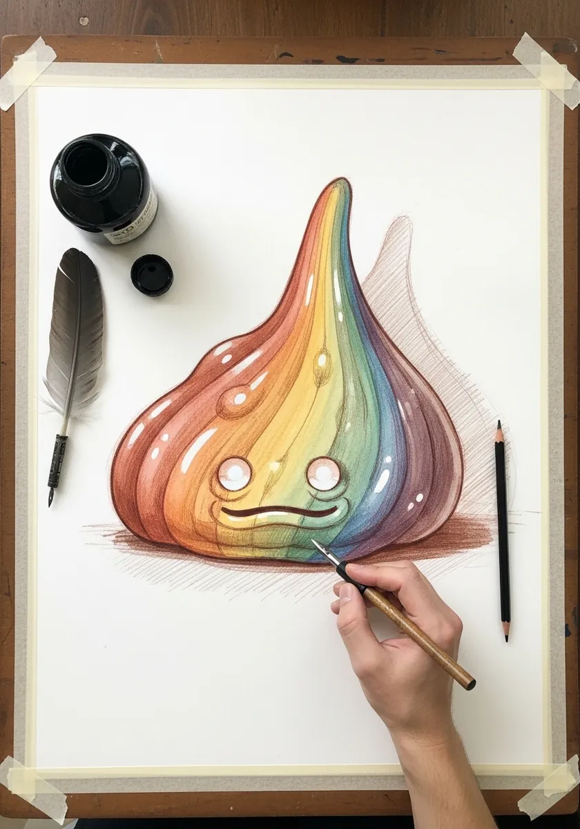 Slime drawn in muted vintage colored pencil tones with a subdued expression