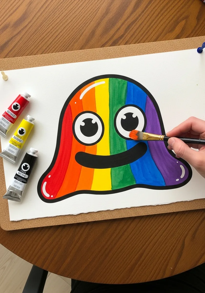 Flat gouache rainbow slime with bold black outline and clean color bands